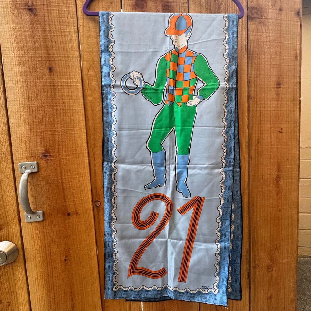 Vintage 21 Club Silk Scarf Jockey Horse equestrian Japan blue green orange